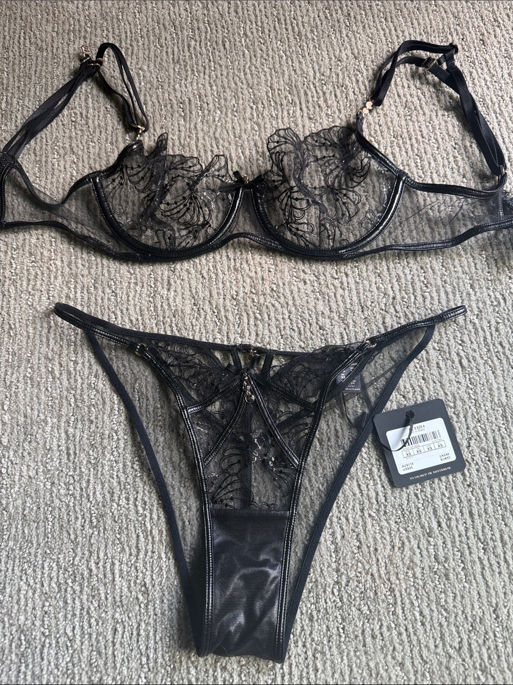 Honey Birdette Black Sheer Lace Underwire 32DBra & Thong Set - Floral Embroidery